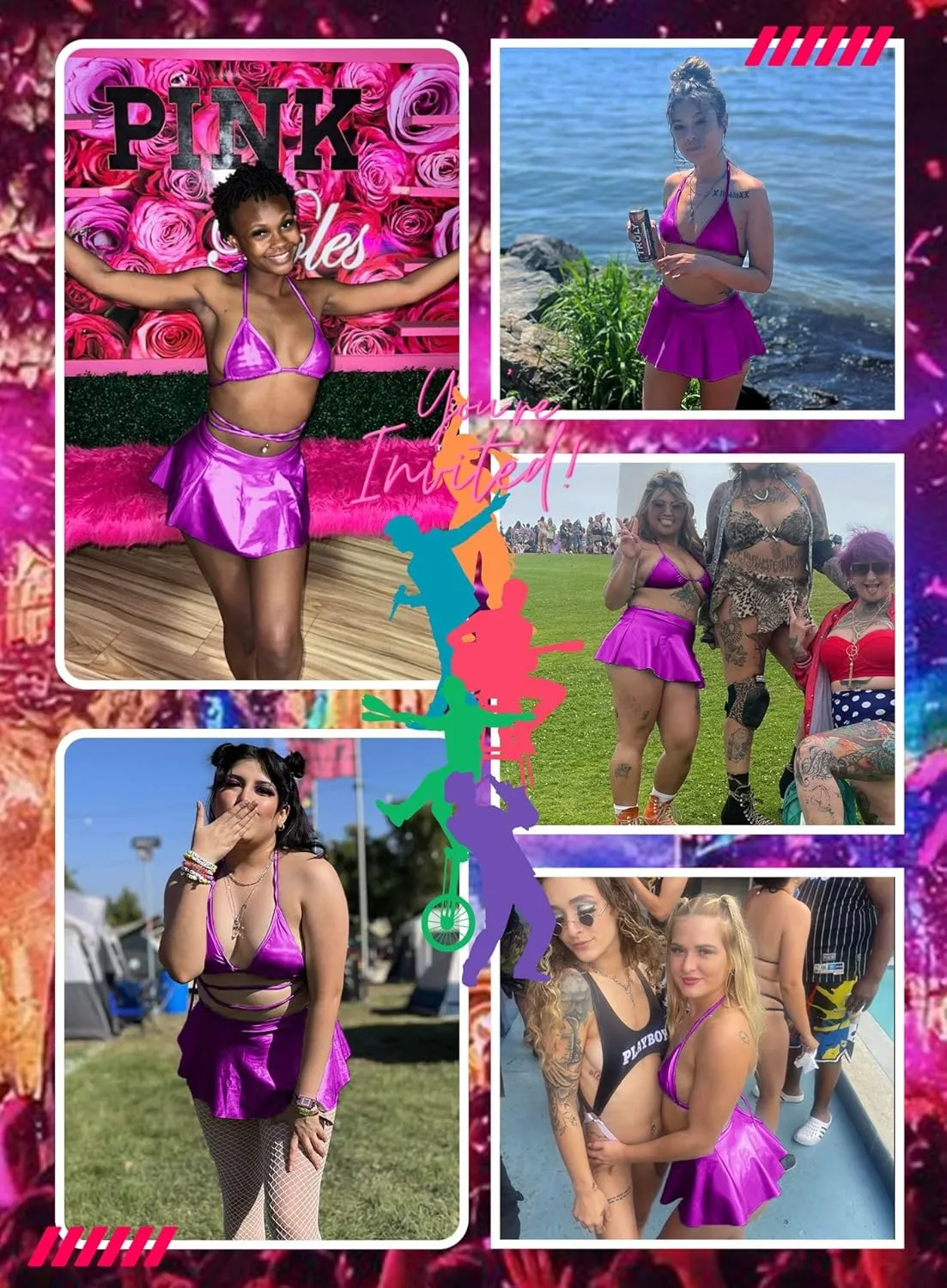 Rave Outfits for Women - EDC Sexy Music Festival Metallic Holographic Strappy Bikini Top Bottom Beach Skirt 3 pcs