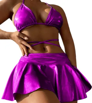 Rave Outfits for Women - EDC Sexy Music Festival Metallic Holographic Strappy Bikini Top Bottom Beach Skirt 3 pcs