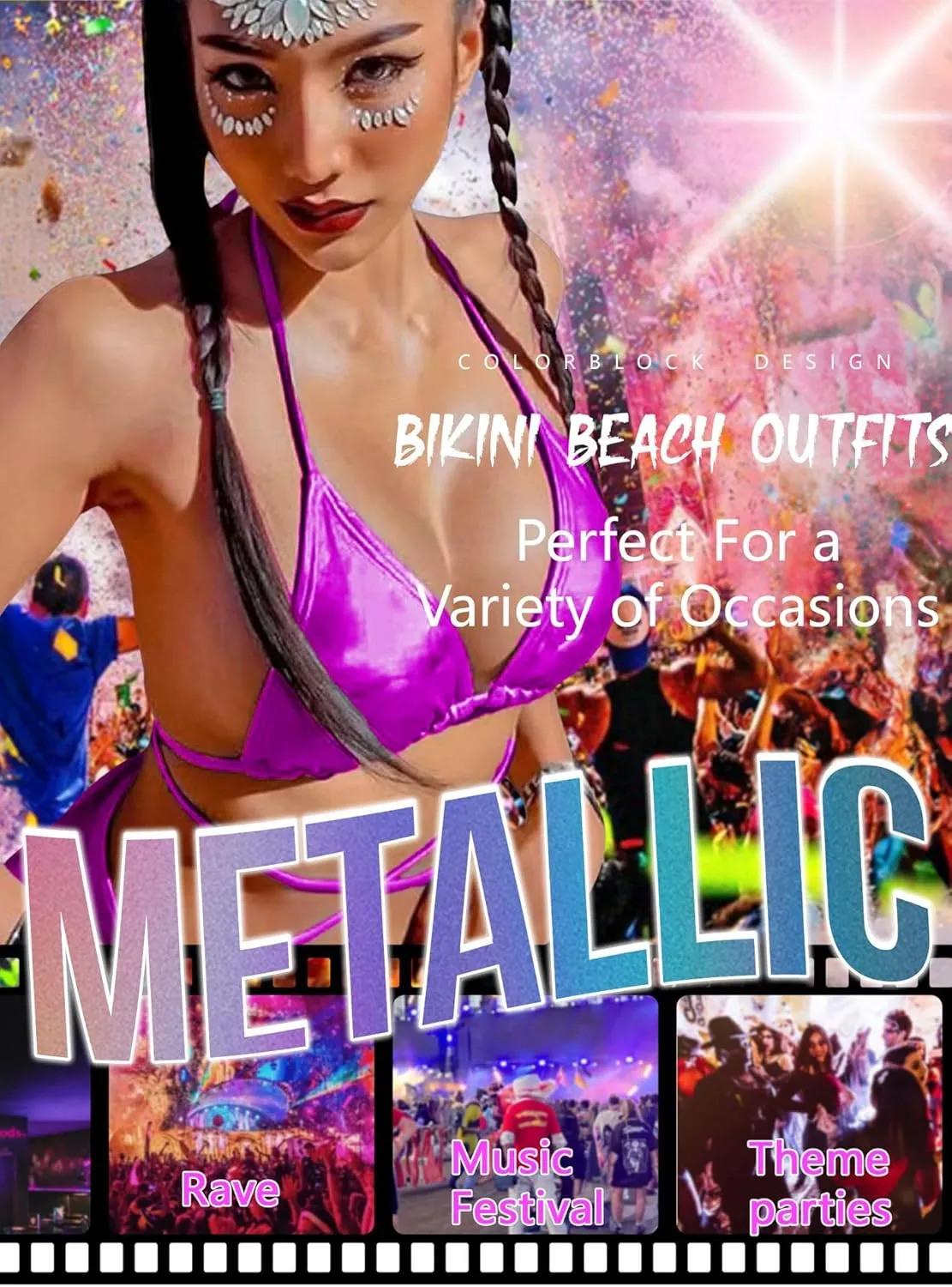 Rave Outfits for Women - EDC Sexy Music Festival Metallic Holographic Strappy Bikini Top Bottom Beach Skirt 3 pcs