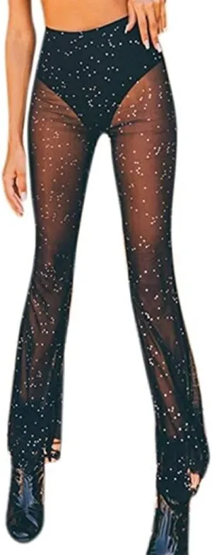 Rave Outfits for Women Sexy Mesh Sheer Flared Bell Bottom Pants for Disco Dance Festival Clubwear