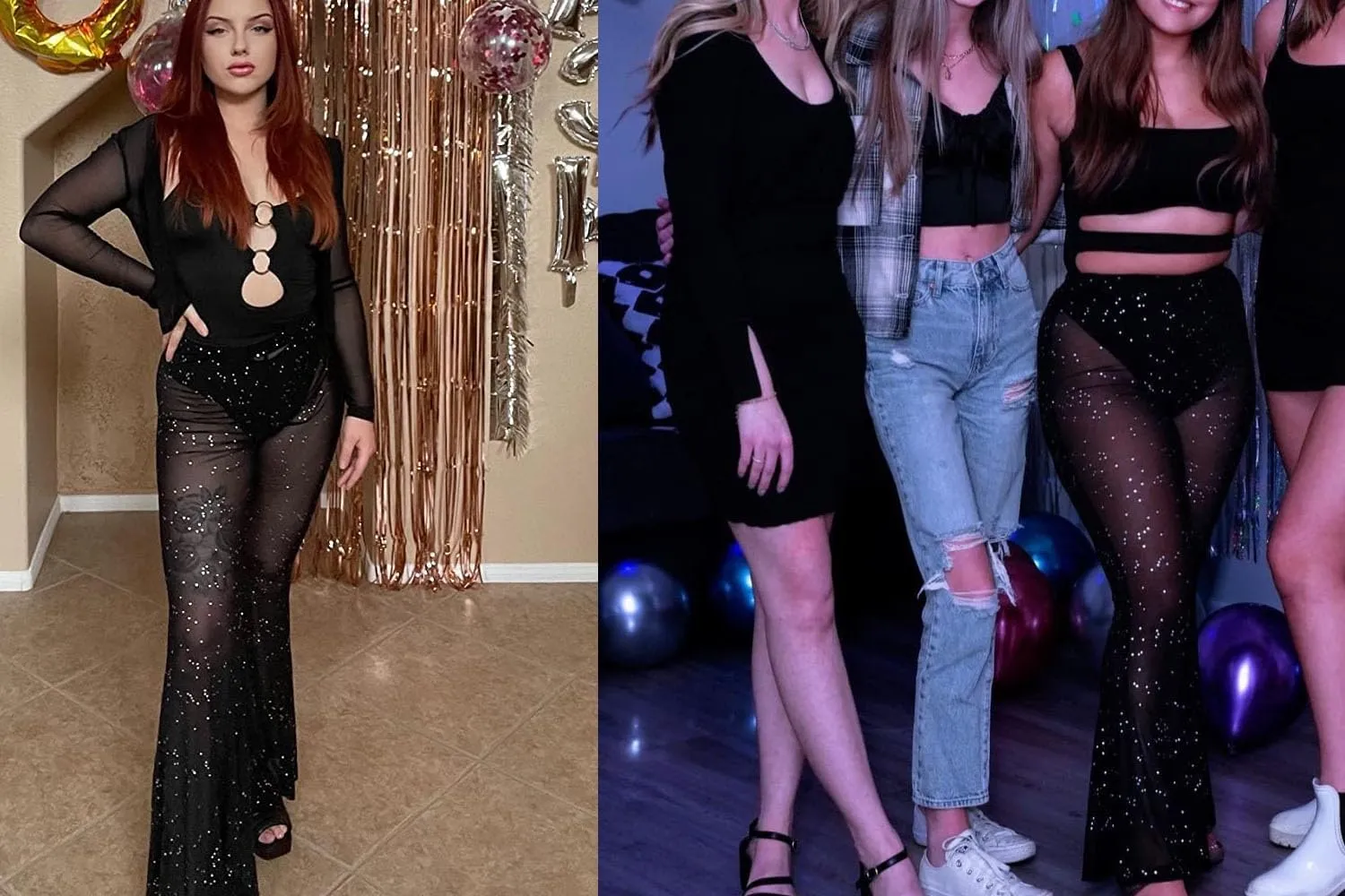 Rave Outfits for Women Sexy Mesh Sheer Flared Bell Bottom Pants for Disco Dance Festival Clubwear