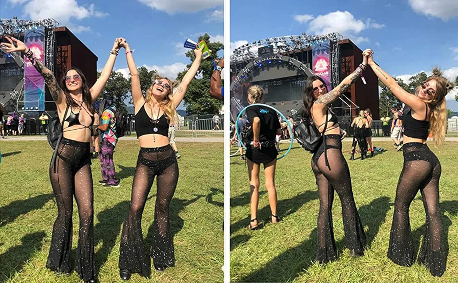 Rave Outfits for Women Sexy Mesh Sheer Flared Bell Bottom Pants for Disco Dance Festival Clubwear