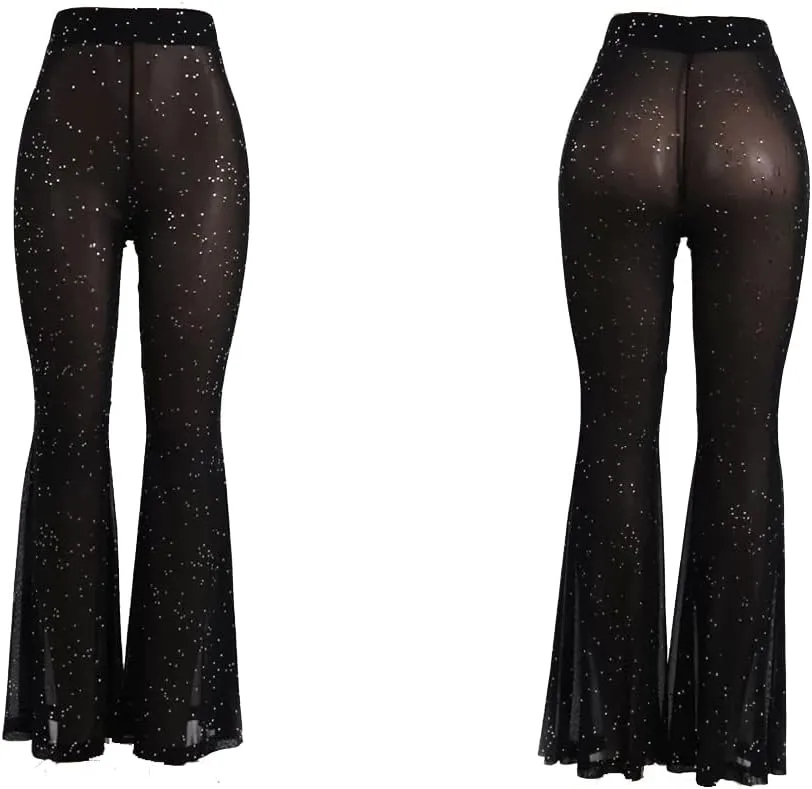 Rave Outfits for Women Sexy Mesh Sheer Flared Bell Bottom Pants for Disco Dance Festival Clubwear