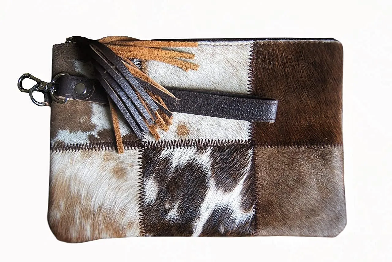 Real Cowhide Handbag Wristlet Clutch Purse Wallet Black Leather Lined Double Sided 9" x 6" | Cowhide Patchwork Clutch Purse