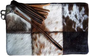 Real Cowhide Handbag Wristlet Clutch Purse Wallet Black Leather Lined Double Sided 9" x 6" | Cowhide Patchwork Clutch Purse