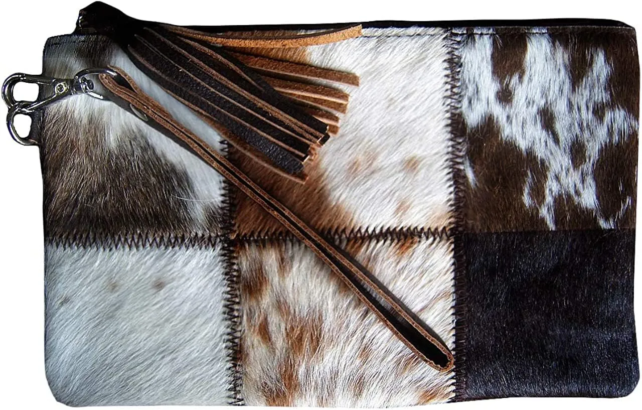 Real Cowhide Handbag Wristlet Clutch Purse Wallet Black Leather Lined Double Sided 9" x 6" | Cowhide Patchwork Clutch Purse