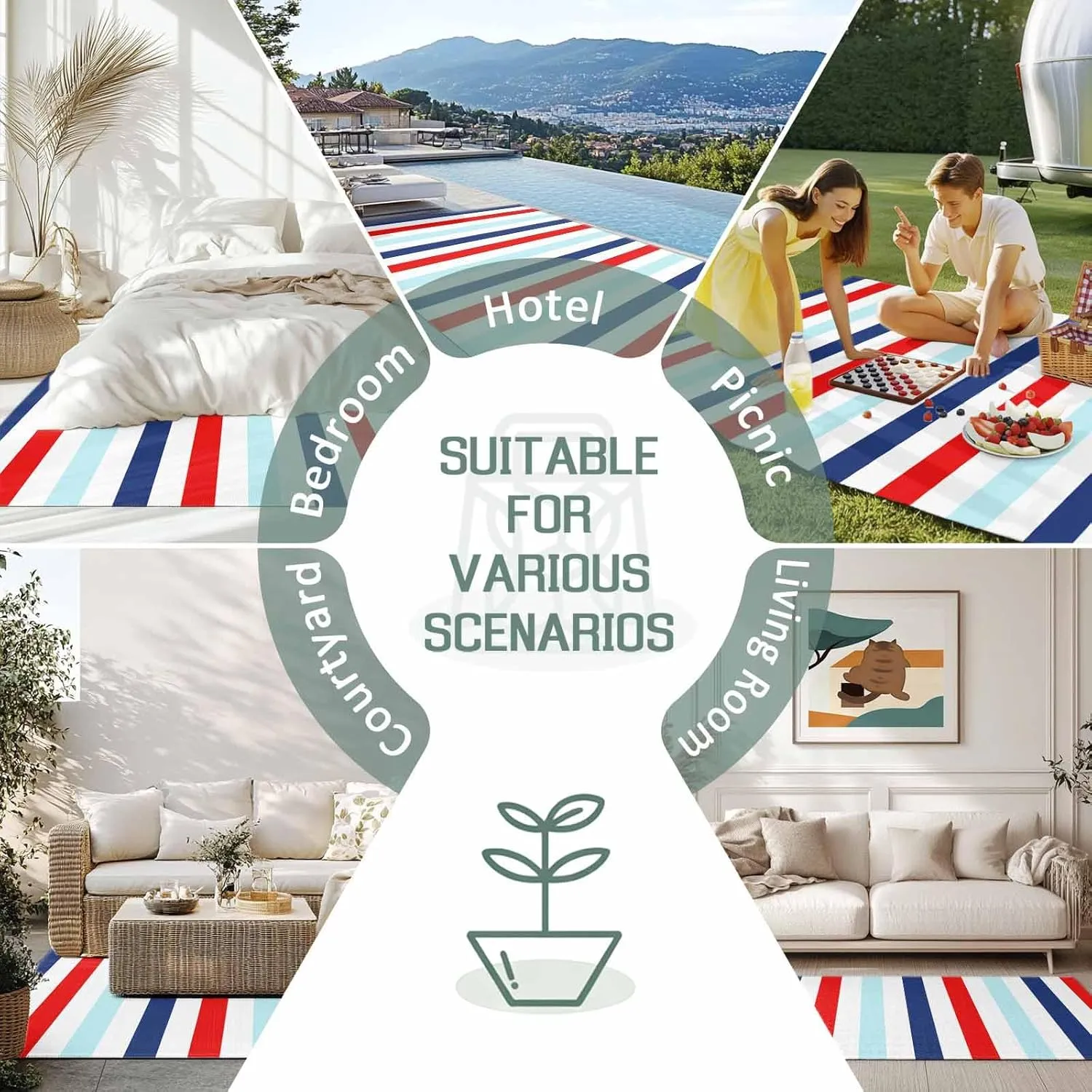 Red Blue Stripe Outdoor Rug 4x6ft Large Patio Rug,Washable RV Camping Outside Area Runner Rug Mat,Gradient Geometric White Vertical Striped Carpet for Picnic Backyard Deck Porch Balcony Beach Indoor