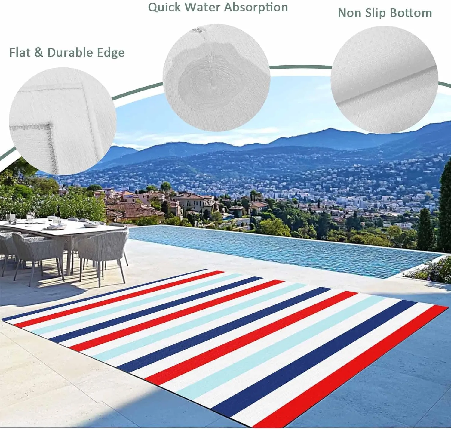 Red Blue Stripe Outdoor Rug 4x6ft Large Patio Rug,Washable RV Camping Outside Area Runner Rug Mat,Gradient Geometric White Vertical Striped Carpet for Picnic Backyard Deck Porch Balcony Beach Indoor