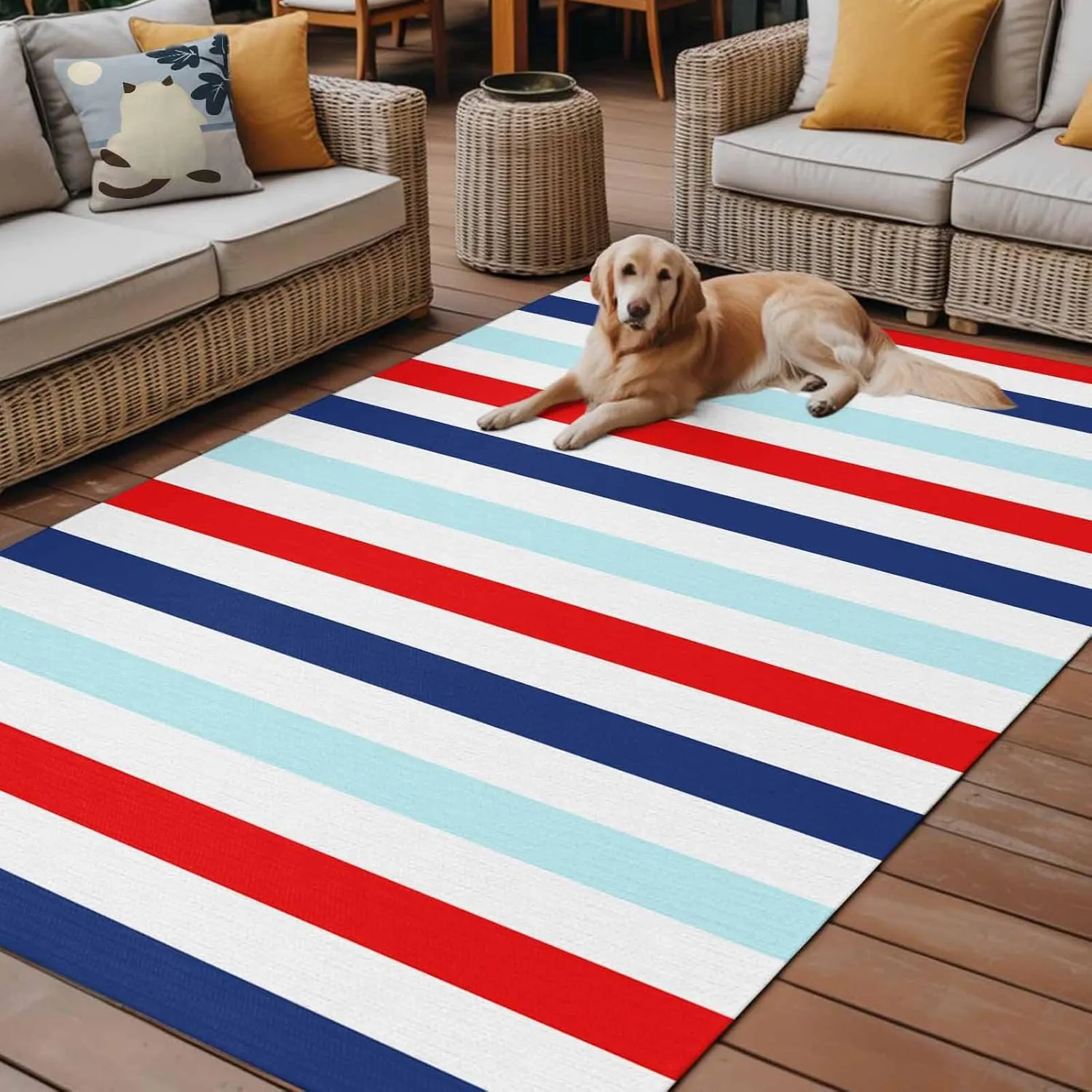 Red Blue Stripe Outdoor Rug 4x6ft Large Patio Rug,Washable RV Camping Outside Area Runner Rug Mat,Gradient Geometric White Vertical Striped Carpet for Picnic Backyard Deck Porch Balcony Beach Indoor