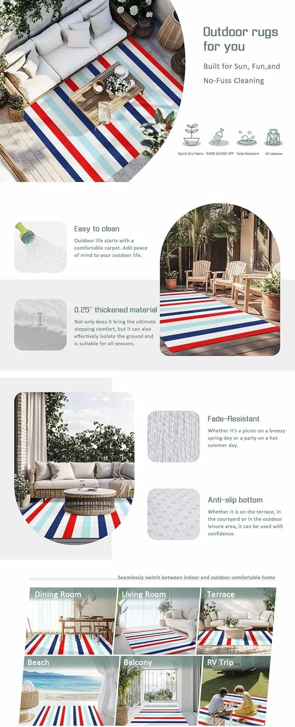 Red Blue Stripe Outdoor Rug 4x6ft Large Patio Rug,Washable RV Camping Outside Area Runner Rug Mat,Gradient Geometric White Vertical Striped Carpet for Picnic Backyard Deck Porch Balcony Beach Indoor