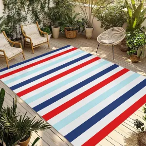 Red Blue Stripe Outdoor Rug 4x6ft Large Patio Rug,Washable RV Camping Outside Area Runner Rug Mat,Gradient Geometric White Vertical Striped Carpet for Picnic Backyard Deck Porch Balcony Beach Indoor