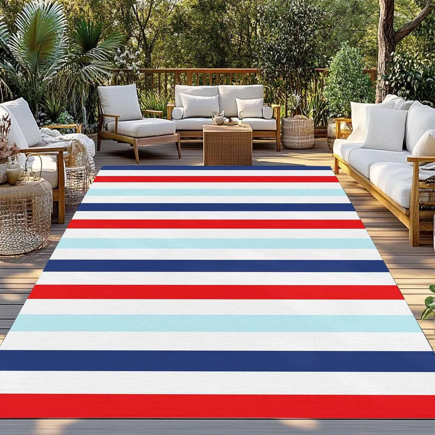 Red Blue Stripe Outdoor Rug 4x6ft Large Patio Rug,Washable RV Camping Outside Area Runner Rug Mat,Gradient Geometric White Vertical Striped Carpet for Picnic Backyard Deck Porch Balcony Beach Indoor