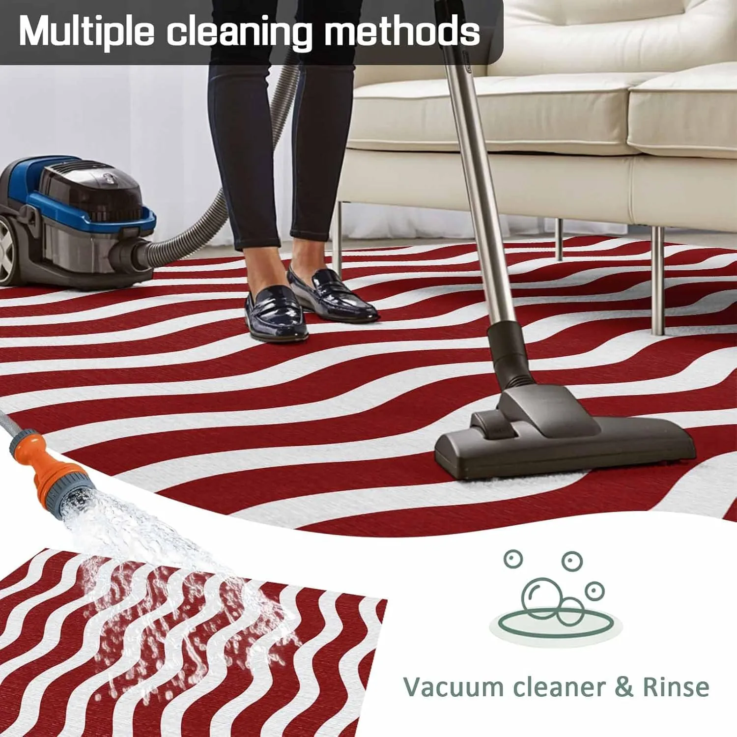 Red White Outdoor Rug 5x8ft Large Patio Rug,Washable RV Camping Outside Area Runner Rug Mat,Modern Abstract Waves Water Ripple Striped Carpet for Picnic Backyard Deck Porch Balcony Beach & Indoor
