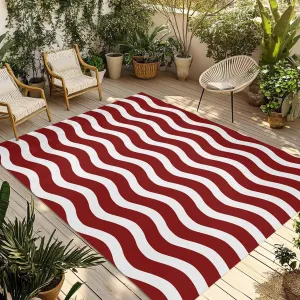 Red White Outdoor Rug 5x8ft Large Patio Rug,Washable RV Camping Outside Area Runner Rug Mat,Modern Abstract Waves Water Ripple Striped Carpet for Picnic Backyard Deck Porch Balcony Beach & Indoor