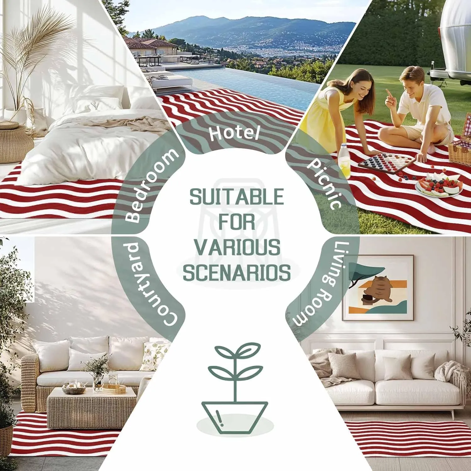 Red White Outdoor Rug 5x8ft Large Patio Rug,Washable RV Camping Outside Area Runner Rug Mat,Modern Abstract Waves Water Ripple Striped Carpet for Picnic Backyard Deck Porch Balcony Beach & Indoor