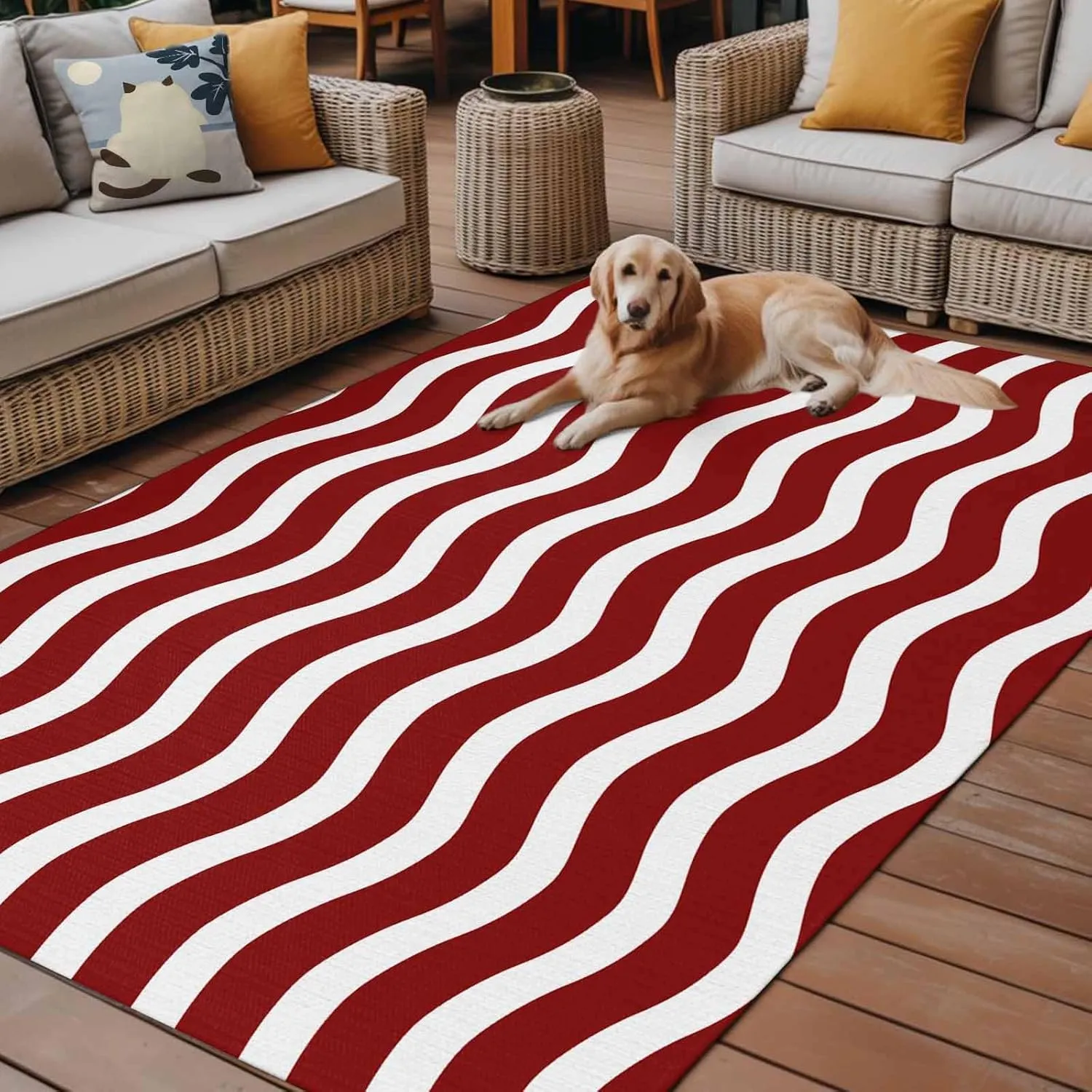 Red White Outdoor Rug 5x8ft Large Patio Rug,Washable RV Camping Outside Area Runner Rug Mat,Modern Abstract Waves Water Ripple Striped Carpet for Picnic Backyard Deck Porch Balcony Beach & Indoor