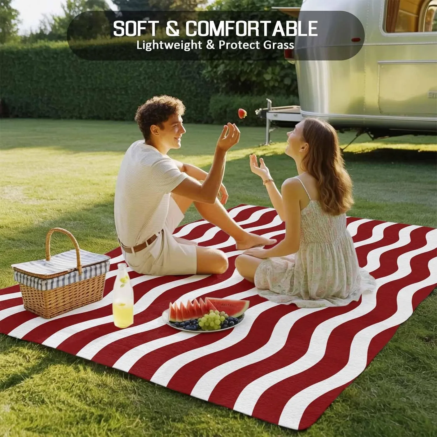Red White Outdoor Rug 5x8ft Large Patio Rug,Washable RV Camping Outside Area Runner Rug Mat,Modern Abstract Waves Water Ripple Striped Carpet for Picnic Backyard Deck Porch Balcony Beach & Indoor