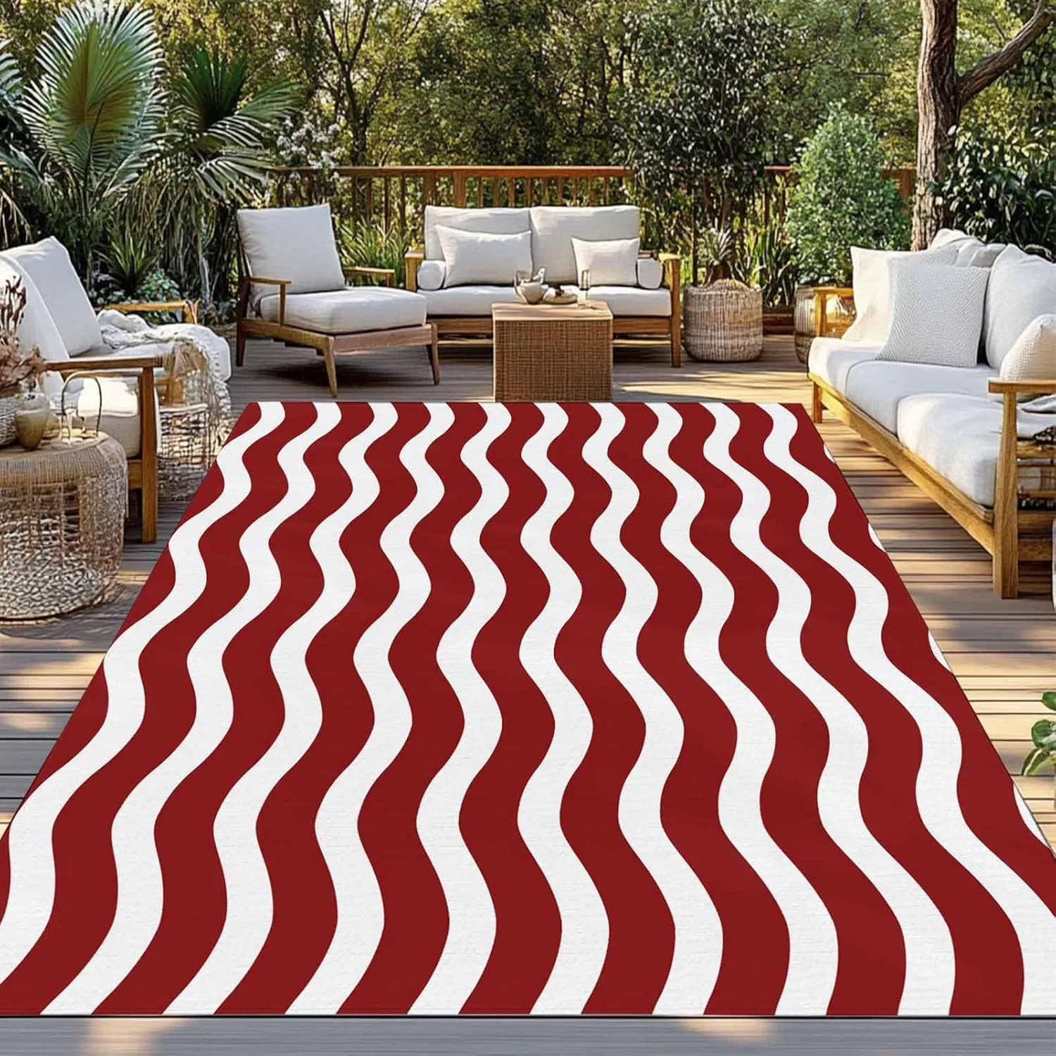 Red White Outdoor Rug 5x8ft Large Patio Rug,Washable RV Camping Outside Area Runner Rug Mat,Modern Abstract Waves Water Ripple Striped Carpet for Picnic Backyard Deck Porch Balcony Beach & Indoor