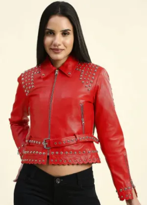 Red Women's Studded Leather Jacket