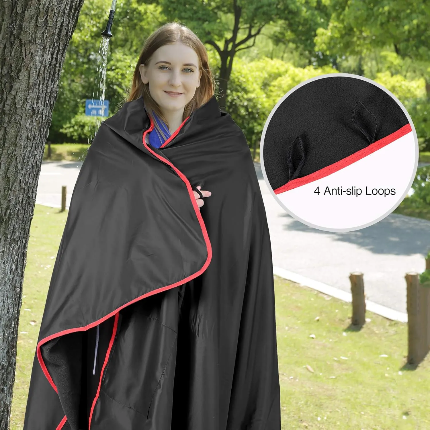 REDCAMP Large Waterproof Stadium Blanket for Cold Weather, Soft Warm Fleece Camping Blanket Windproof for Outdoor Sports, Blue/Red (Outer Black/Inner Black)