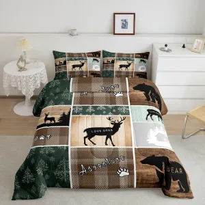 Retro Cabin Comforter Set 2Pcs, Pine Tree Buffalo Plaid Quilt Bear Deer Elk Bedding, Forest Wildlife Woodland Animals Duvet Insert Hunting Lodge Country Rustic Farmhouse Bedroom Decor, Twin Size