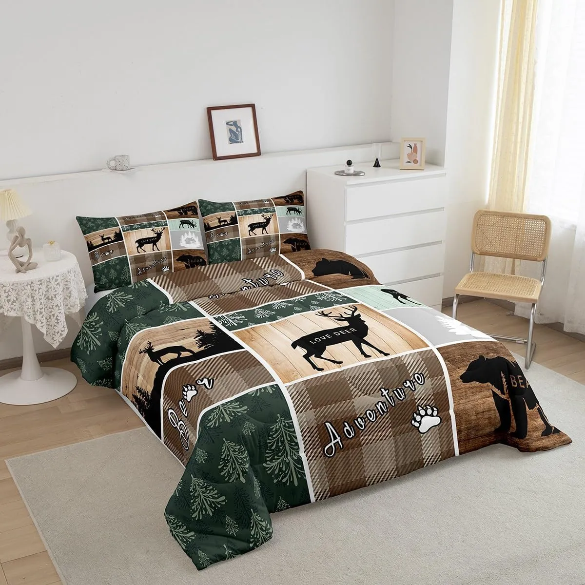 Retro Cabin Comforter Set 2Pcs, Pine Tree Buffalo Plaid Quilt Bear Deer Elk Bedding, Forest Wildlife Woodland Animals Duvet Insert Hunting Lodge Country Rustic Farmhouse Bedroom Decor, Twin Size