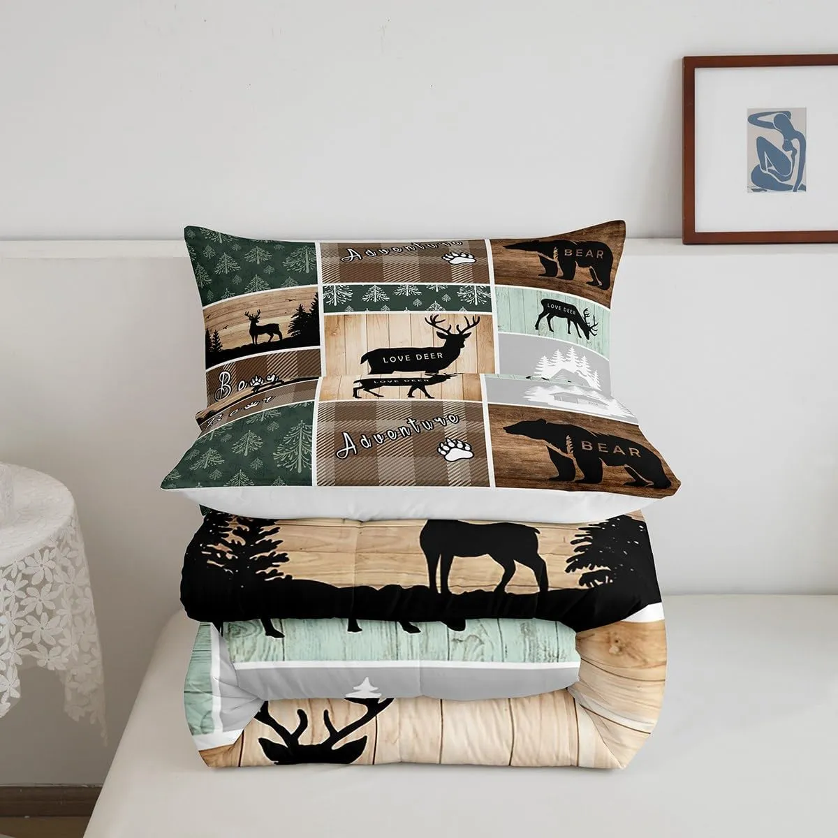 Retro Cabin Comforter Set 2Pcs, Pine Tree Buffalo Plaid Quilt Bear Deer Elk Bedding, Forest Wildlife Woodland Animals Duvet Insert Hunting Lodge Country Rustic Farmhouse Bedroom Decor, Twin Size