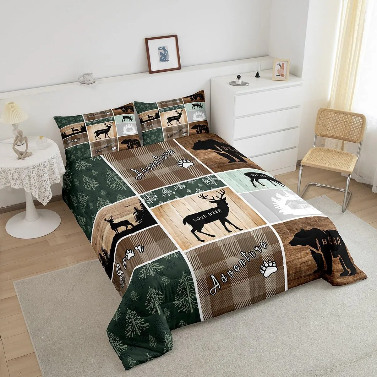 Retro Cabin Comforter Set 2Pcs, Pine Tree Buffalo Plaid Quilt Bear Deer Elk Bedding, Forest Wildlife Woodland Animals Duvet Insert Hunting Lodge Country Rustic Farmhouse Bedroom Decor, Twin Size