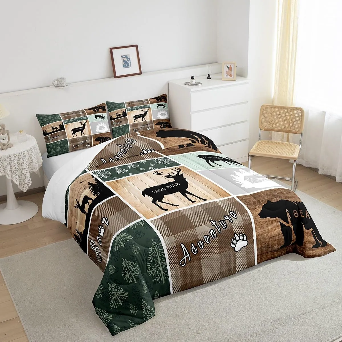 Retro Cabin Comforter Set 2Pcs, Pine Tree Buffalo Plaid Quilt Bear Deer Elk Bedding, Forest Wildlife Woodland Animals Duvet Insert Hunting Lodge Country Rustic Farmhouse Bedroom Decor, Twin Size