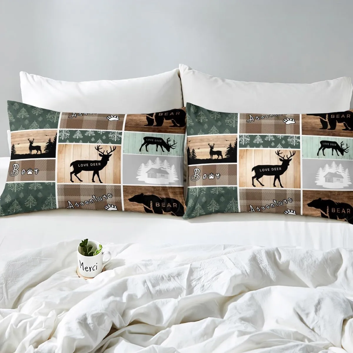 Retro Cabin Comforter Set 2Pcs, Pine Tree Buffalo Plaid Quilt Bear Deer Elk Bedding, Forest Wildlife Woodland Animals Duvet Insert Hunting Lodge Country Rustic Farmhouse Bedroom Decor, Twin Size