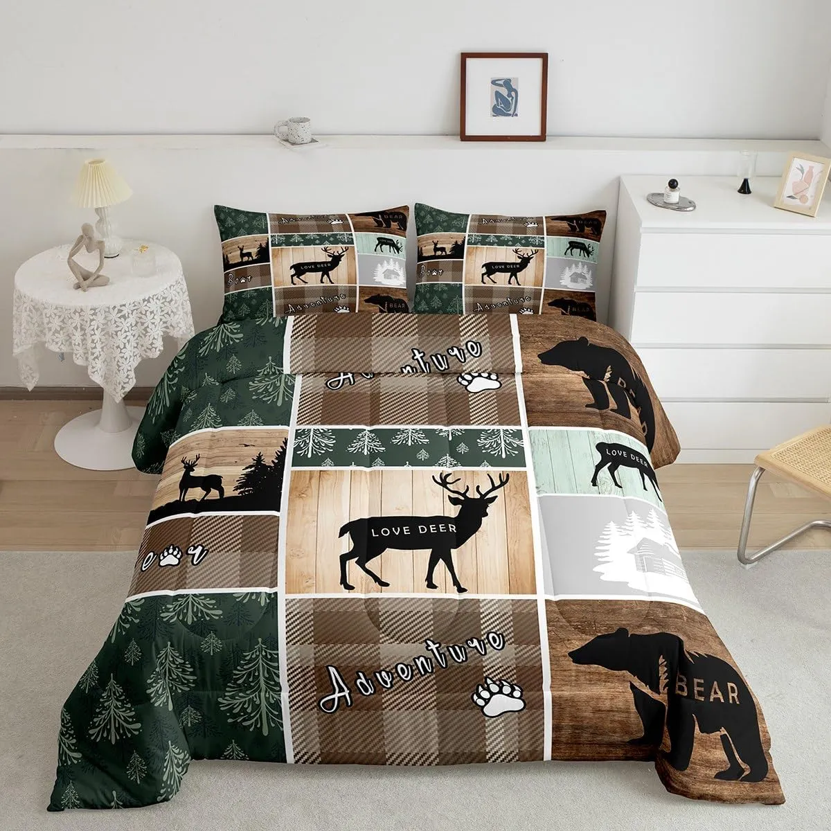 Retro Cabin Comforter Set 2Pcs, Pine Tree Buffalo Plaid Quilt Bear Deer Elk Bedding, Forest Wildlife Woodland Animals Duvet Insert Hunting Lodge Country Rustic Farmhouse Bedroom Decor, Twin Size