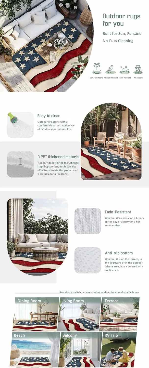 Retro USA Flag Outdoor Rug 5x8ft Large Patio Rug,Washable RV Camping Outside Area Runner Rug Mat,Abstract Star Striped Traditional Paint Carpet for Picnic Backyard Deck Porch Balcony Beach & Indoor