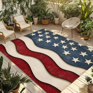 Retro USA Flag Outdoor Rug 5x8ft Large Patio Rug,Washable RV Camping Outside Area Runner Rug Mat,Abstract Star Striped Traditional Paint Carpet for Picnic Backyard Deck Porch Balcony Beach & Indoor
