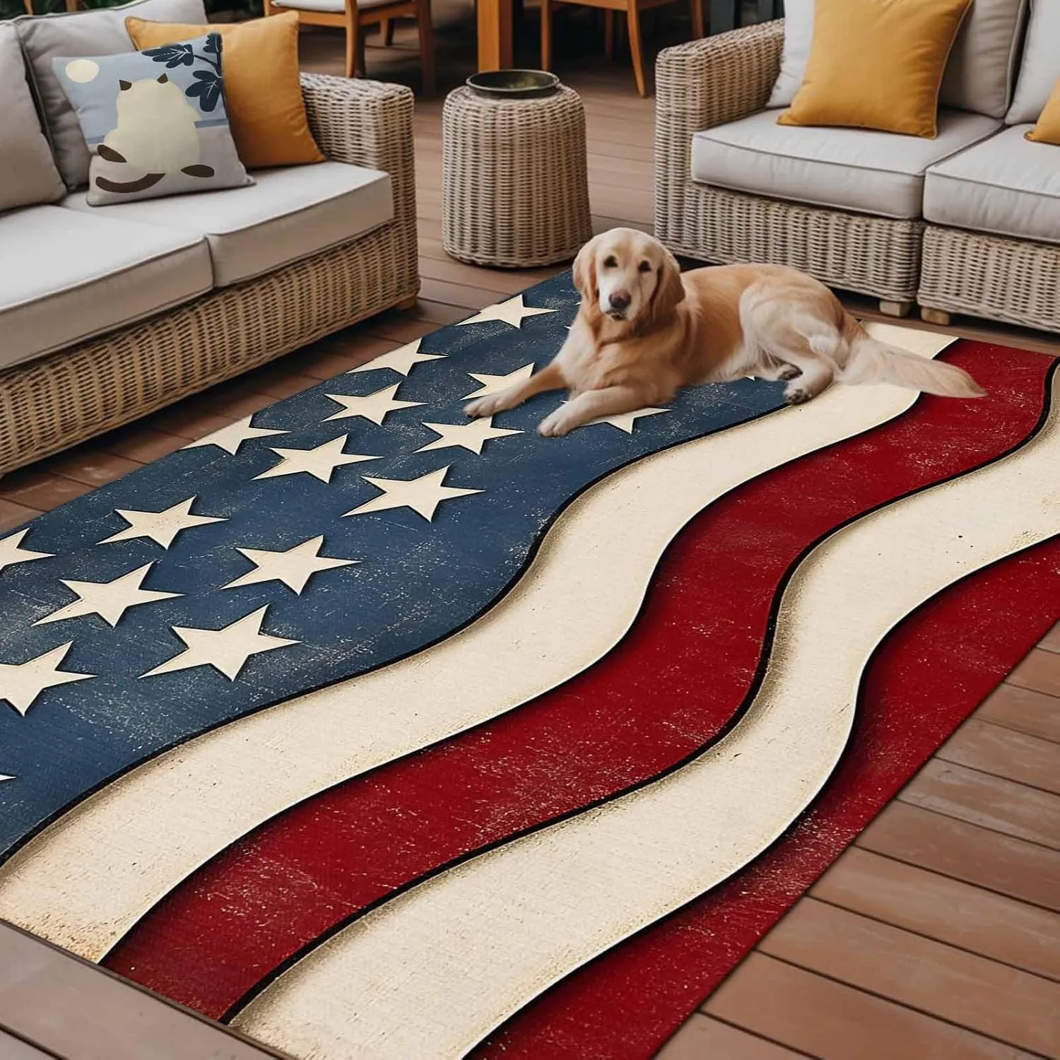 Retro USA Flag Outdoor Rug 5x8ft Large Patio Rug,Washable RV Camping Outside Area Runner Rug Mat,Abstract Star Striped Traditional Paint Carpet for Picnic Backyard Deck Porch Balcony Beach & Indoor