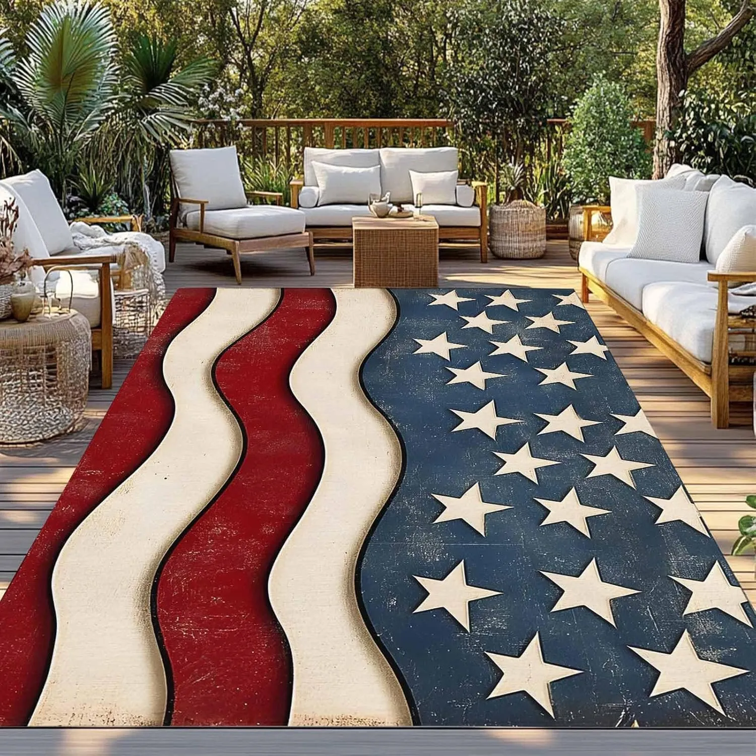 Retro USA Flag Outdoor Rug 5x8ft Large Patio Rug,Washable RV Camping Outside Area Runner Rug Mat,Abstract Star Striped Traditional Paint Carpet for Picnic Backyard Deck Porch Balcony Beach & Indoor