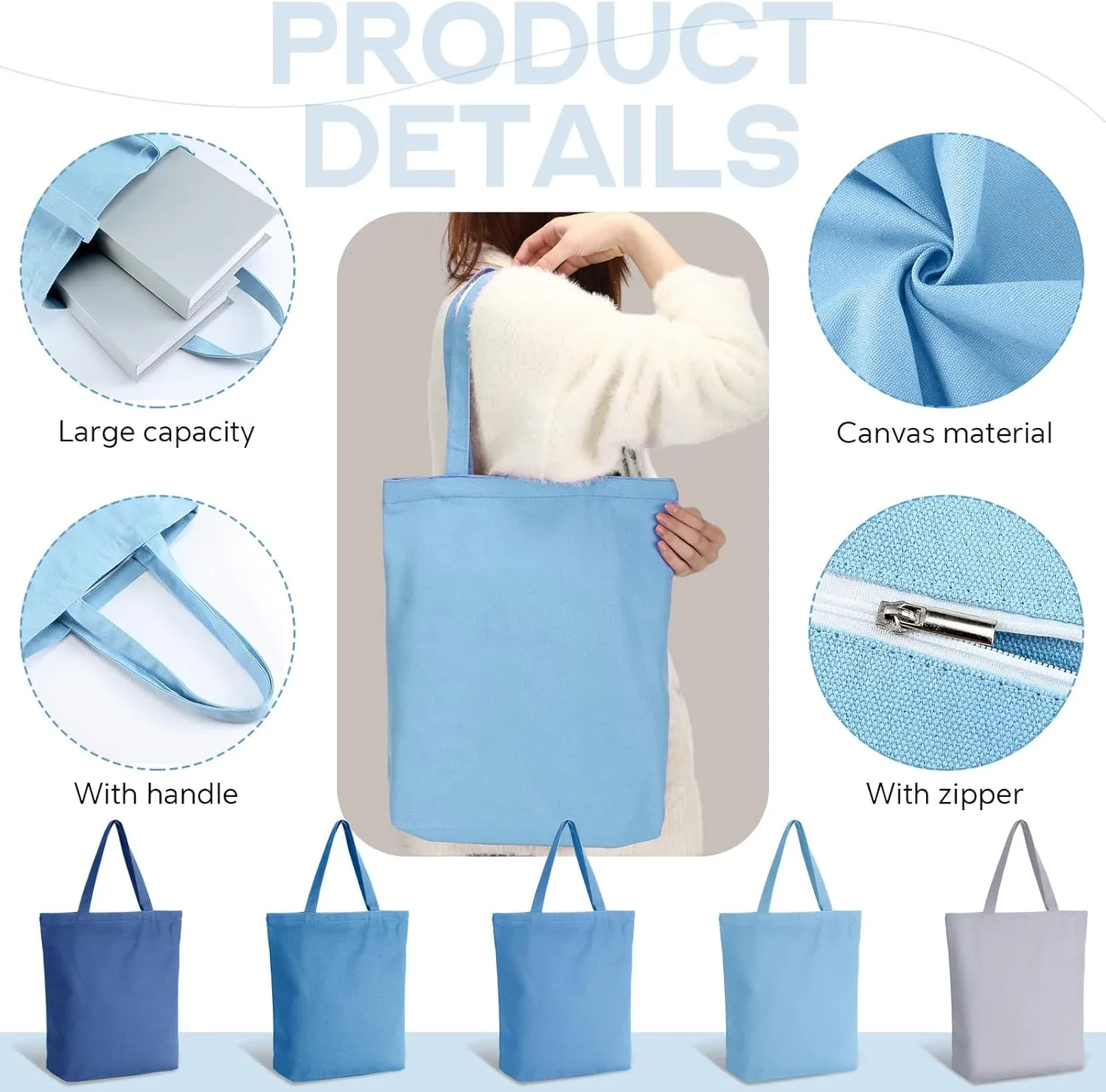 Reusable Canvas Grocery Shopping Tote Bags Bulk with Zipper and Handle Women Mom Teacher Nurse Wedding Mental Health Gifts(Blue,5 Pcs)