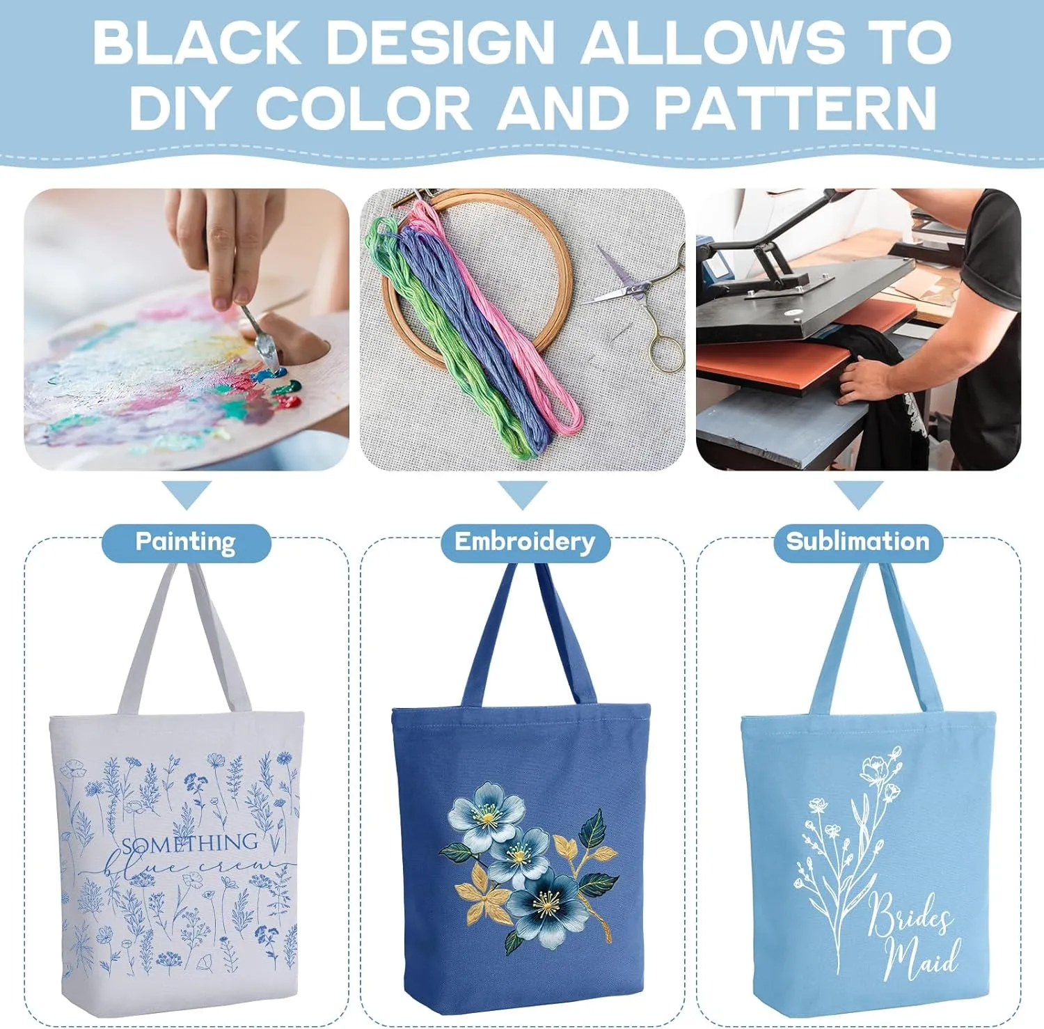 Reusable Canvas Grocery Shopping Tote Bags Bulk with Zipper and Handle Women Mom Teacher Nurse Wedding Mental Health Gifts(Blue,5 Pcs)