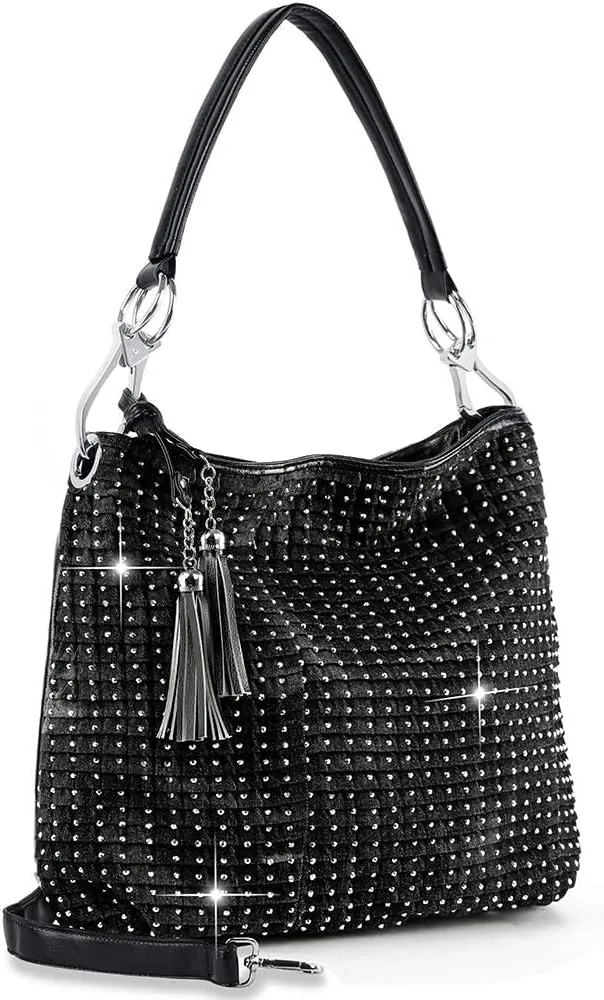 Rhinestone Accent Studded Vegan Leather Pleated Hobo Tote Handbag Shoulder Bag
