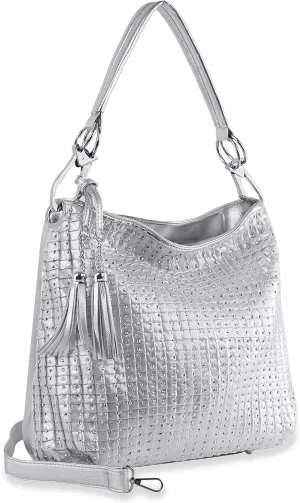 Rhinestone Accent Studded Vegan Leather Pleated Hobo Tote Handbag Shoulder Bag