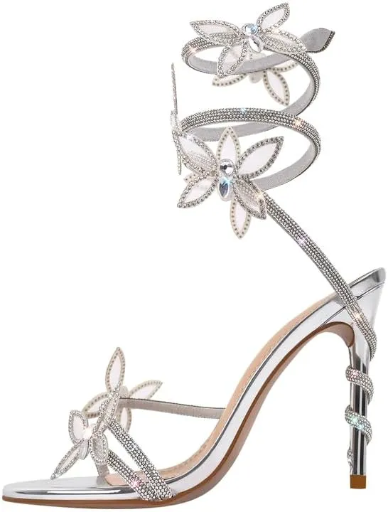 richealnini Butterfly Heels Rhinestone Strappy Sandals for Women Stiletto High Heels