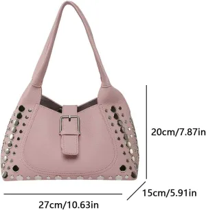 Rivet Shoulder Bag PU Leather Underarm Purse with Buckle Designer Handbag for Women
