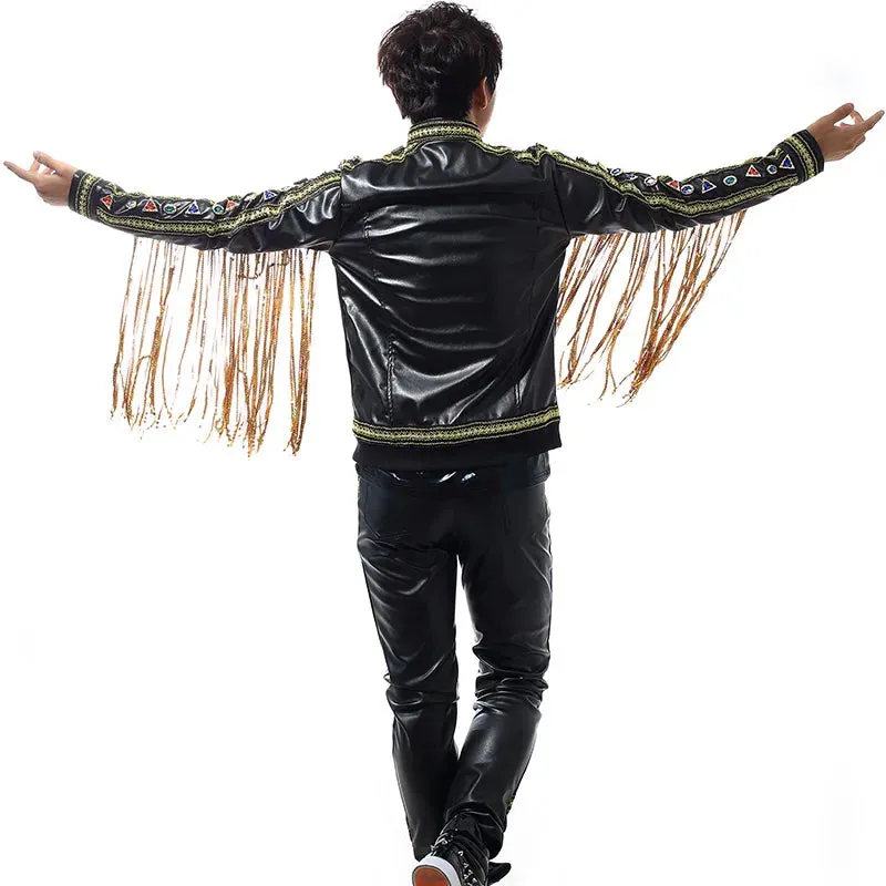Rivets Patchwork Leather Tassel Jacket Set