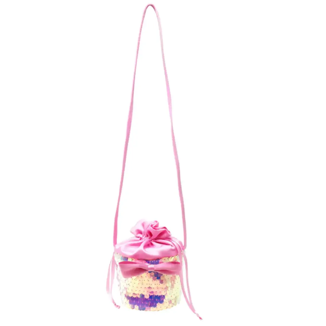 Romantic Ballet Pink Sequin Bow Drawstring Crossbody Bag
