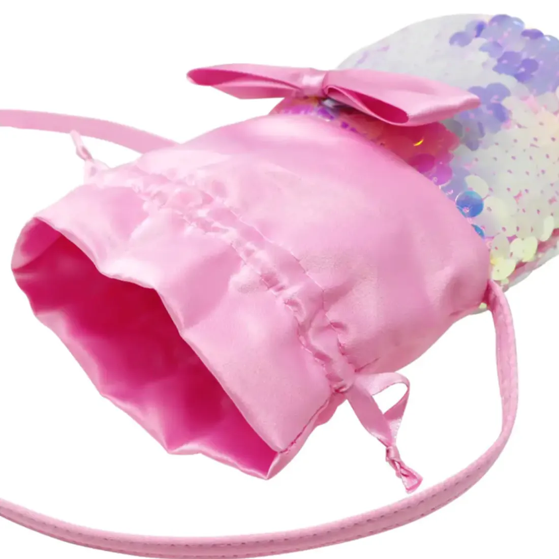 Romantic Ballet Pink Sequin Bow Drawstring Crossbody Bag