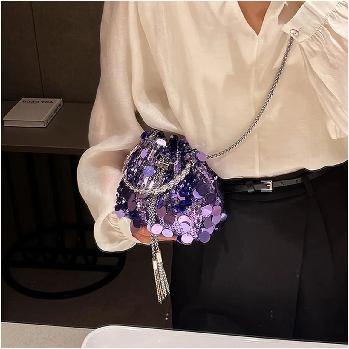 RomanticDesign Women Sparkly Sequin Clutch Purse Glitter Metal Tassel Evening Handbag Crossbody Bag for Party Prom Banquet