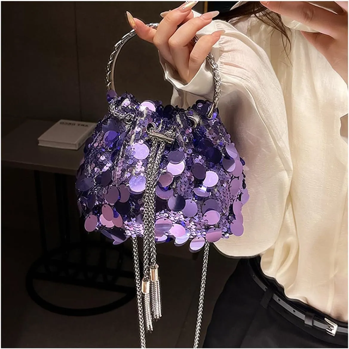 RomanticDesign Women Sparkly Sequin Clutch Purse Glitter Metal Tassel Evening Handbag Crossbody Bag for Party Prom Banquet