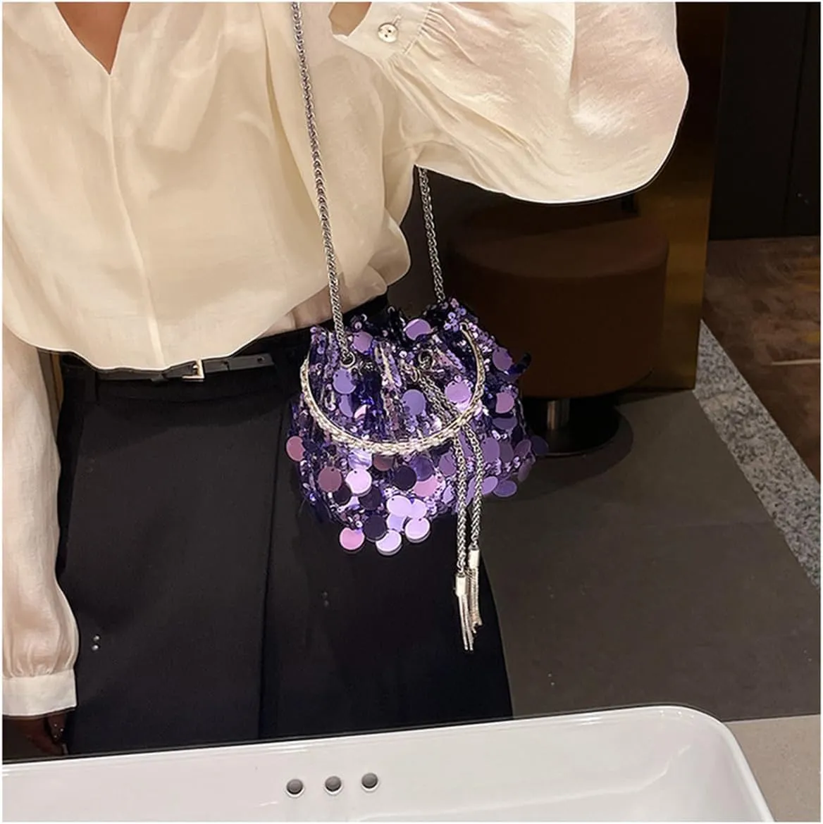 RomanticDesign Women Sparkly Sequin Clutch Purse Glitter Metal Tassel Evening Handbag Crossbody Bag for Party Prom Banquet