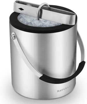 Rorence 2L Stainless Steel Ice Bucket with Airtight Tempered Glass Lid, Strainer and Ice Tongs, Double Walled Insulated Ice Bucket Keeps Ice Frozen Longer for Cocktails & Parties