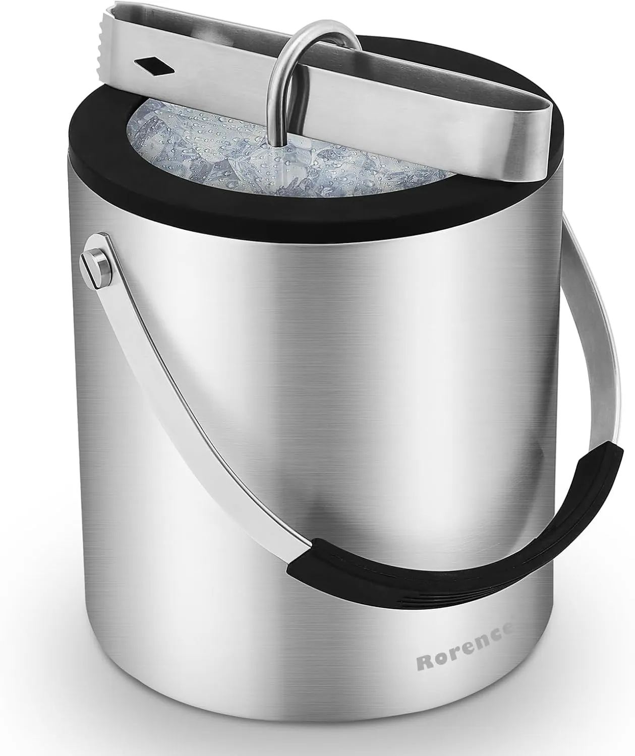 Rorence 2L Stainless Steel Ice Bucket with Airtight Tempered Glass Lid, Strainer and Ice Tongs, Double Walled Insulated Ice Bucket Keeps Ice Frozen Longer for Cocktails & Parties