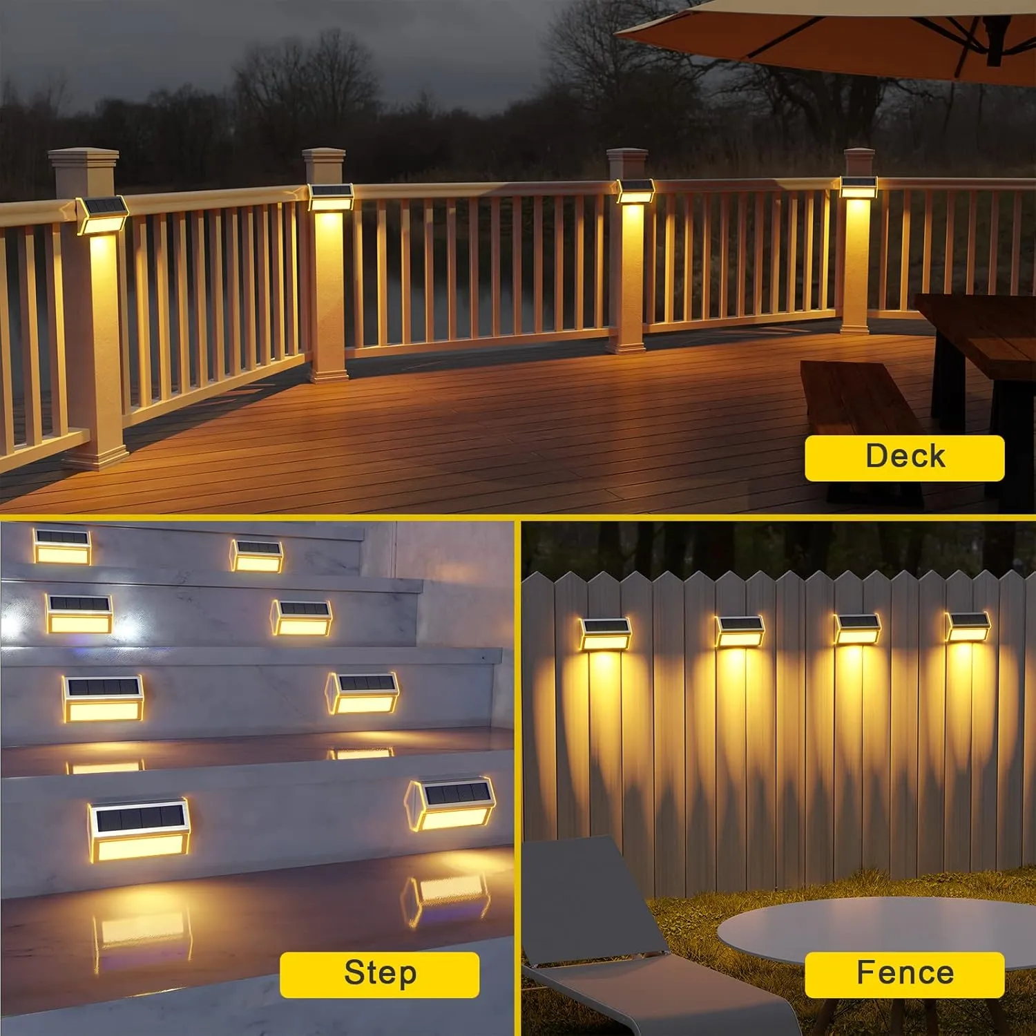 ROSHWEY Solar Deck Lights, 6 Pack 30 LED Stainless Steel Outdoor Deck Lights Solar Powered, IP65 Waterproof Step Light for Outside, Outdoor Decor for Backyard Fence, Step, Stair, Warm White Light